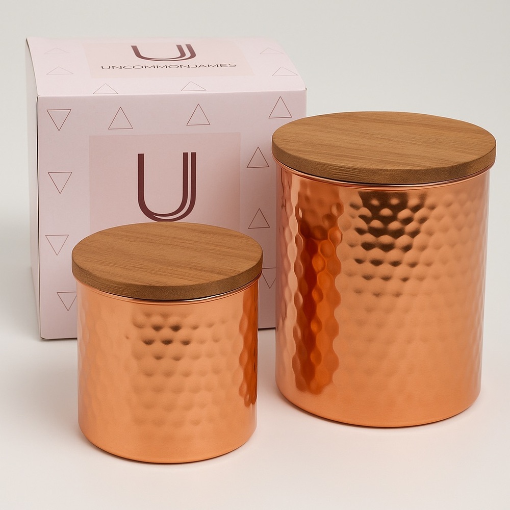 Uncommon James Hammered‎ Copper Canister Set of 2 with Wooden Lids NEW in box